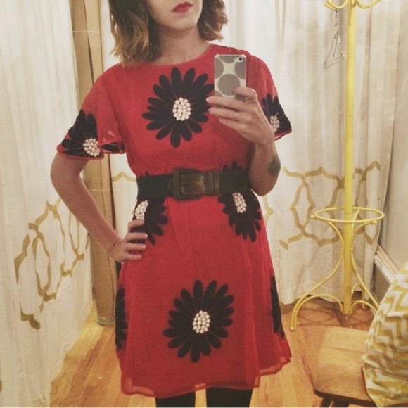 Vintage Red Chiffon Floral Embroidered Dress - Picture 3 of 3